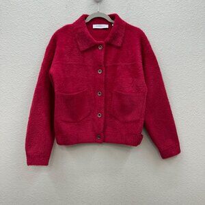 Rino & Pelle Bubbly Red Box Crop Fuzzy Button Eyelash Knit Jacket Womens Medium